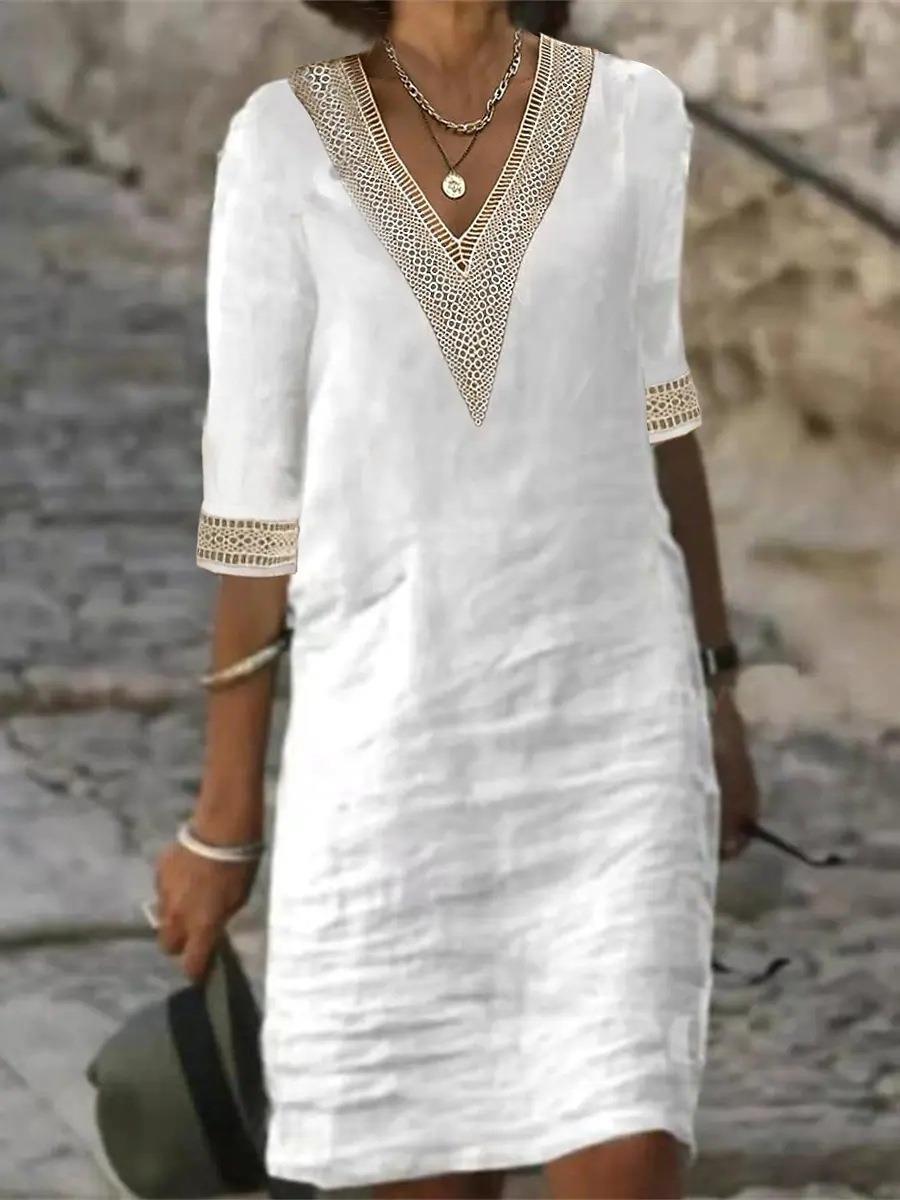 Women's Solid Color Half Sleeve Cotton Linen Dresses