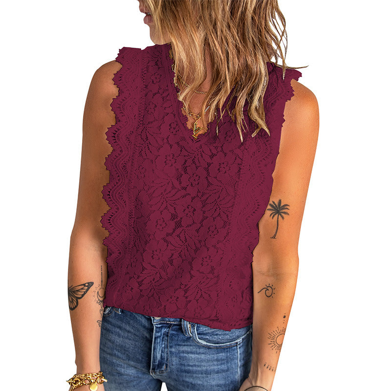 Women's Lace Summer Solid Color Hollow Sexy Tops