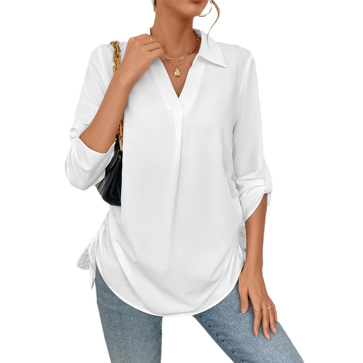 Women's Two Sides Drawstring Solid Color Shirt Beach Blouses
