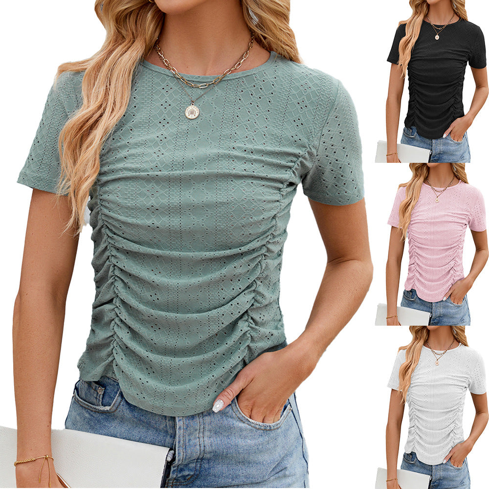 Women's T-shirt Pleating Round Neck Sleeve Loose Blouses