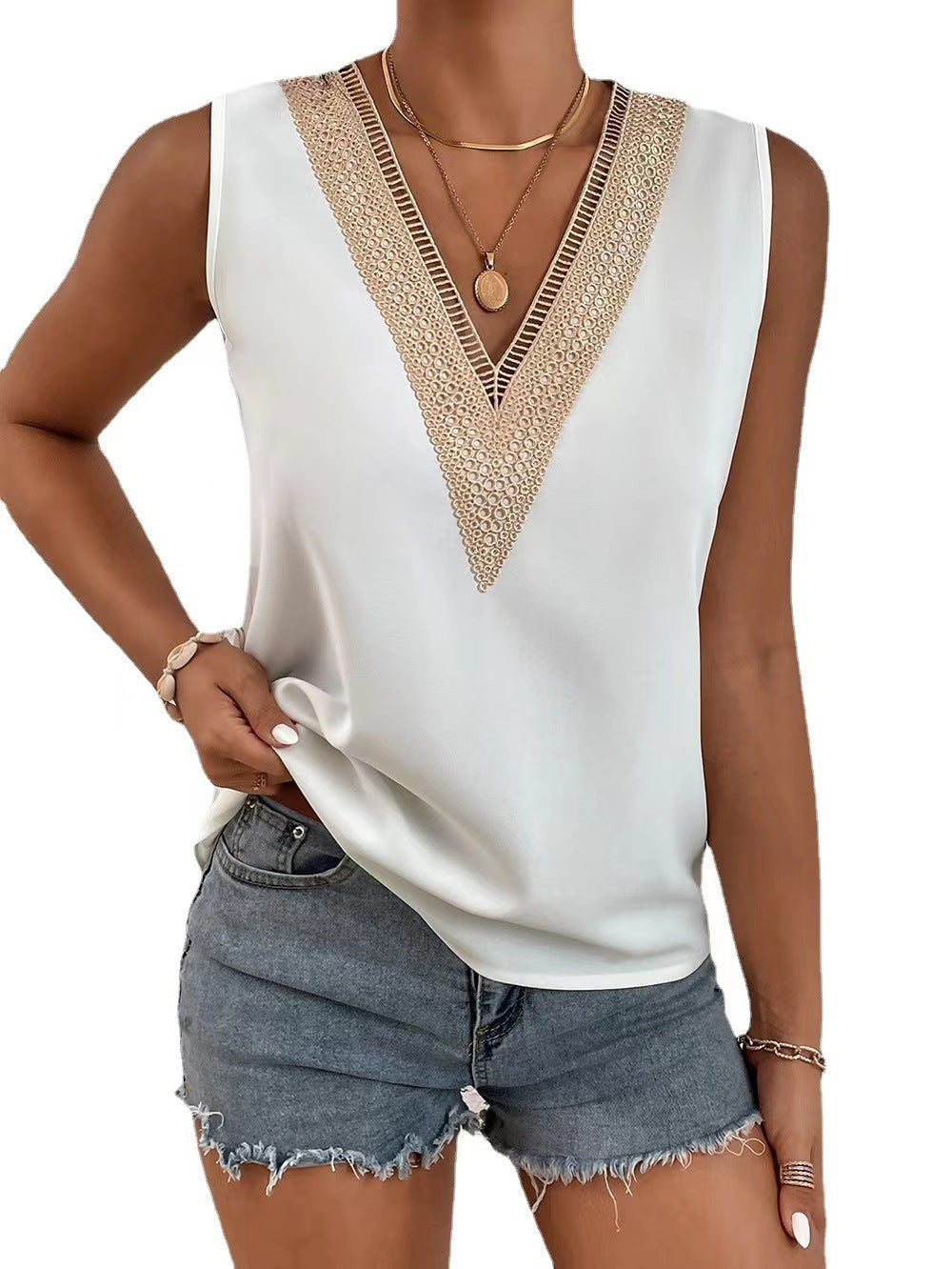 Women's Summer Lace Shirt Pullover Loose Casual Sleeveless Blouses
