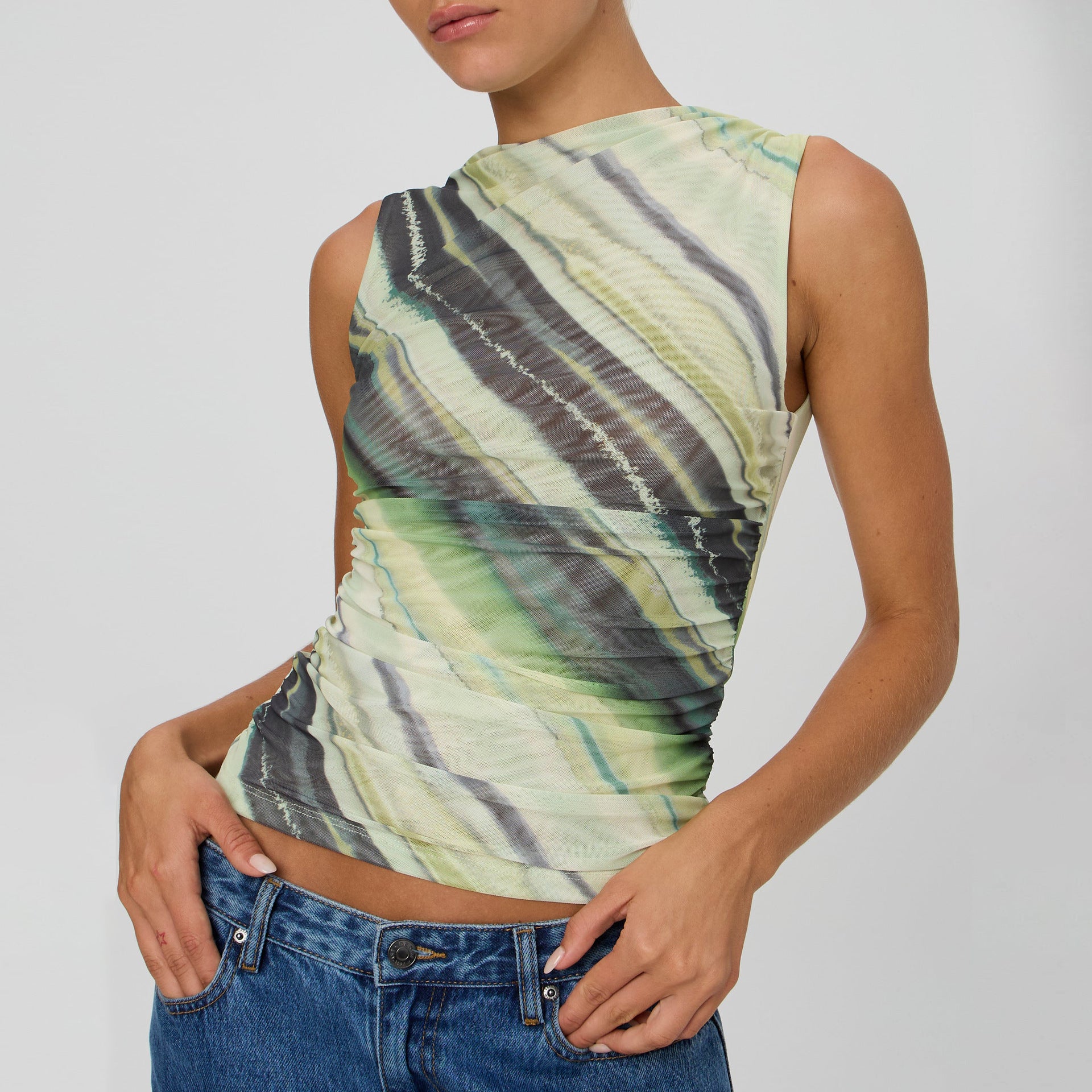 Printing Summer Mesh Stitching Chic Pleated Elegant Style Tops