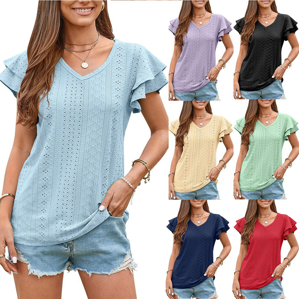 Women's Summer Hole Hollow-out Ruffle Sleeve Blouses