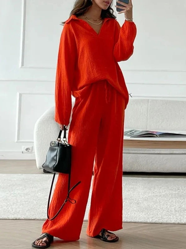 Women's Ladies Casual Loose Outfit Long-sleeved Drawstring Trousers Lapel Tops