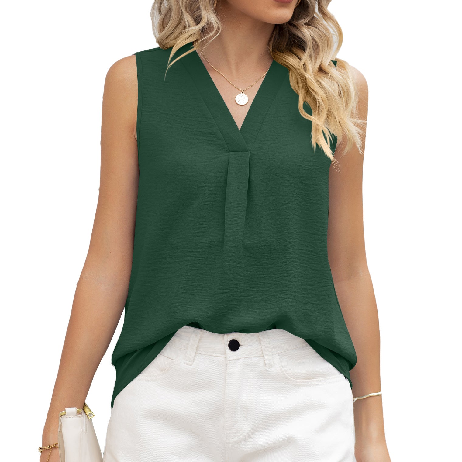 Women's Summer Solid Color V-neck Loose Sleeveless Blouses