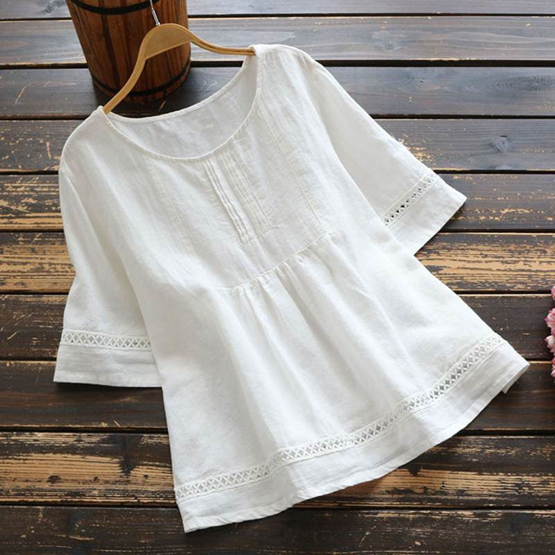 Women's Summer Solid Color Cotton Linen Half Blouses