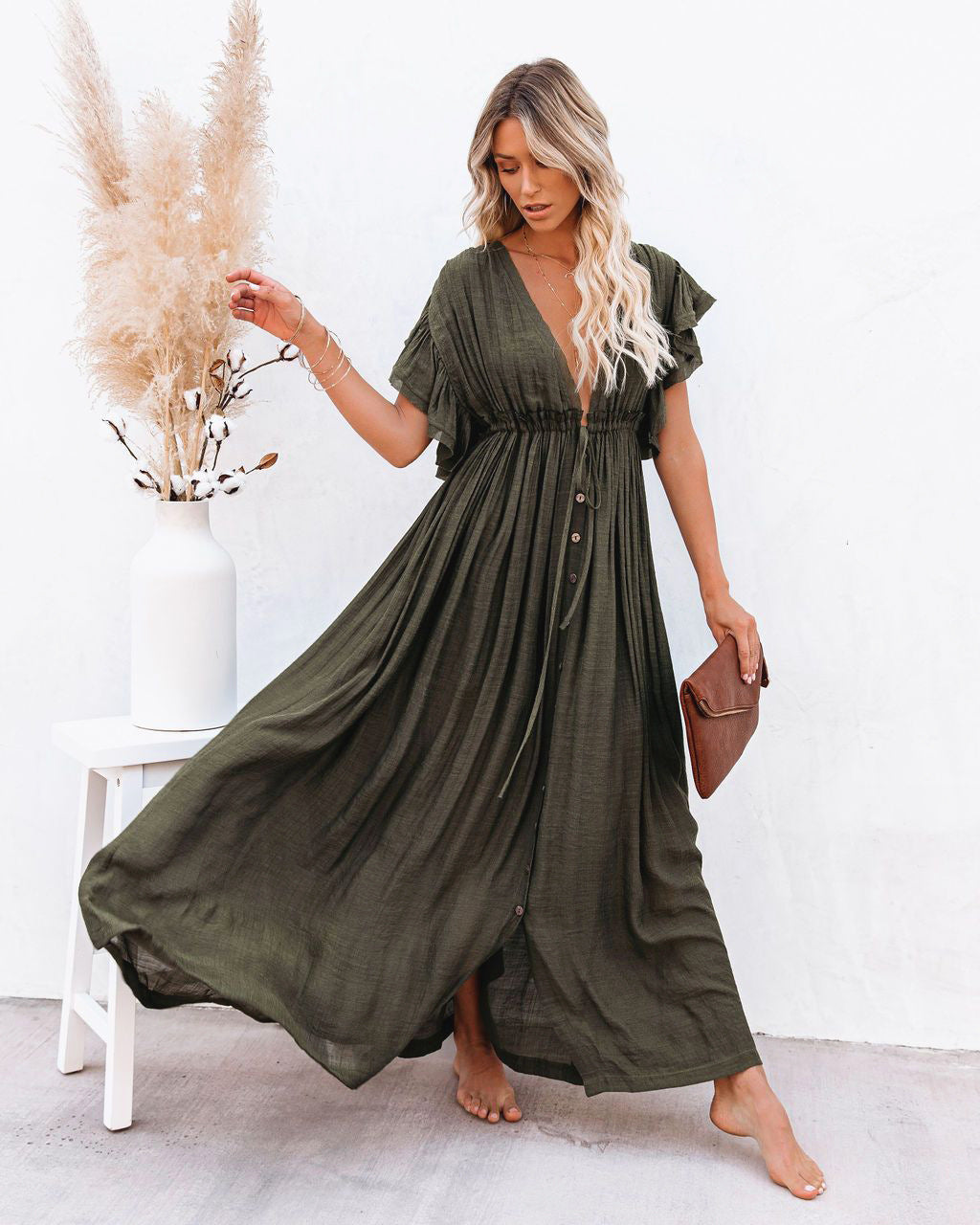 Women's Summer Sun Protective Double-breasted Drawstring Dress Dresses