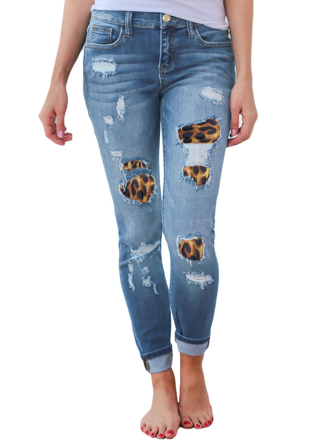 Classic Street Hipster Leopard Hole Patch Stretch dżinsy