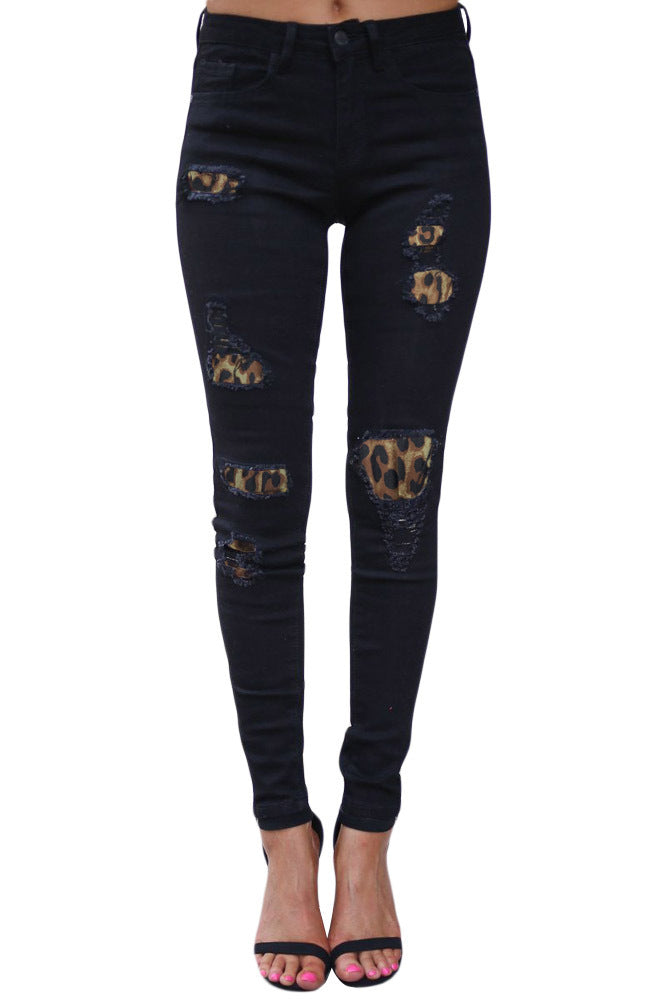 Classic Street Hipster Leopard Hole Patch Jeans