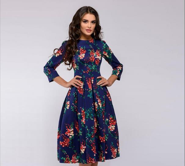 Women's Party Vintage Digital Printing Small Floral 3/4 Sleeve Round Neck Dress