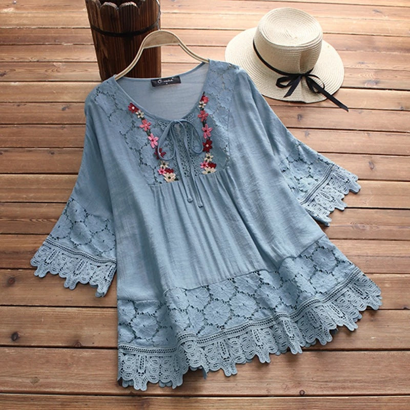 Summer Cotton Linen Stitching Lace Elegant Pullover V-neck Loose Women's Top