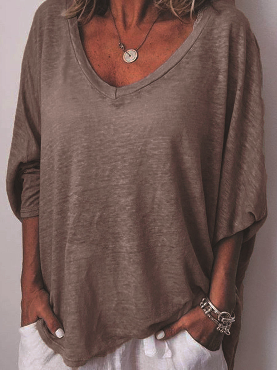 Camiseta de manga de cuello de durazno de color femenino de ocio