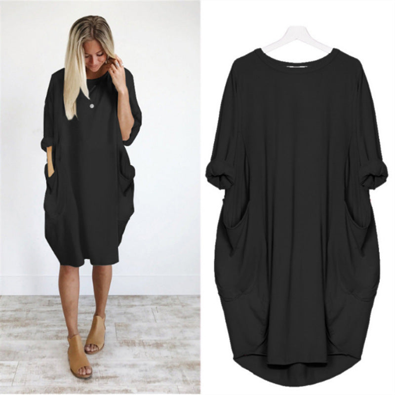 Women's Autumn Long Sleeve Round Neck Mid Skirt Solid Color Loose Pockets Dress