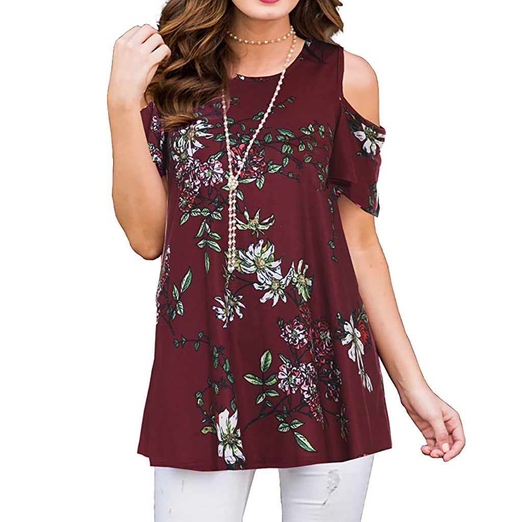 Summer Printed Off-the-shoulder Short Polyester Fiber Sleeve Pullover Women's Casual Shirt Top