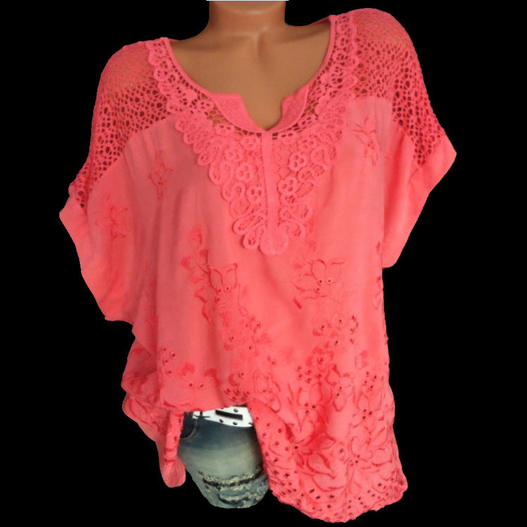 Fashion Women's Wear Lace V-neck Embroidery Europe And America Short Sleeve Batwing Shirt