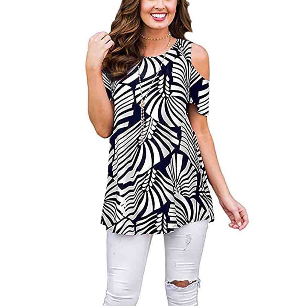 Summer Printed Off-the-shoulder Short Polyester Fiber Sleeve Pullover Women's Casual Shirt Top