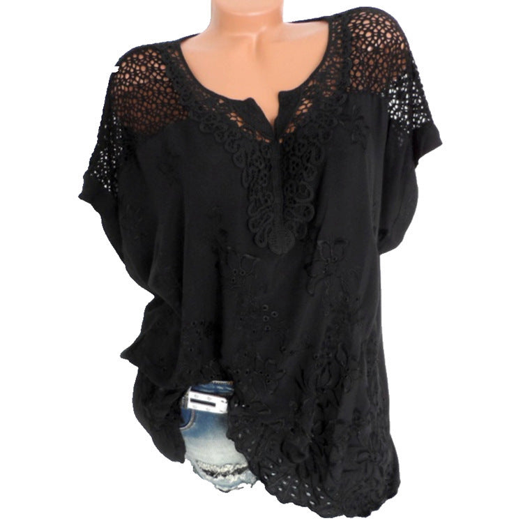 Fashion Women's Wear Lace V-neck Embroidery Europe And America Short Sleeve Batwing Shirt