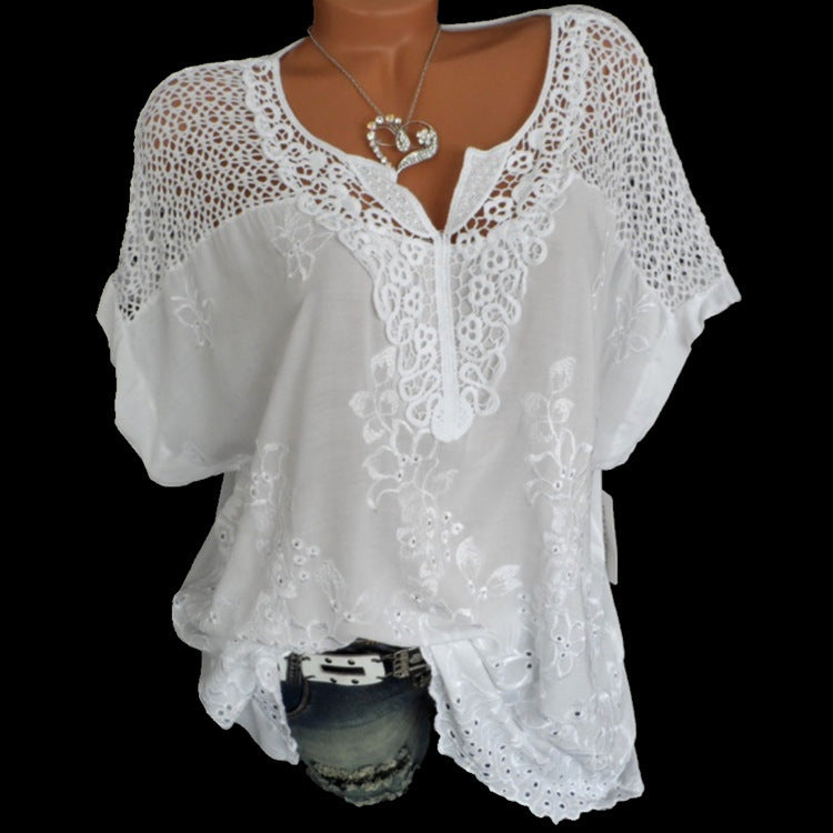 Fashion's Women's Wear Lace Camitine a V-Neck Europe and America Shortwing Shirt a manica corta
