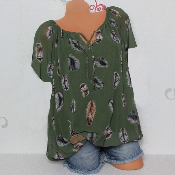 Summer Casual Loose Feather Printing Printed V-neck Short Sleeve Top