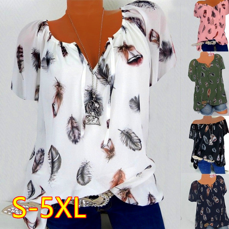 Summer Casual Loose Feather Printing Printed V-neck Short Sleeve Top