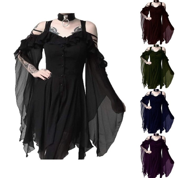 Color Size Off-the-shoulder Strap Large Swing Chiffon Sleeve Irregular Button Dress
