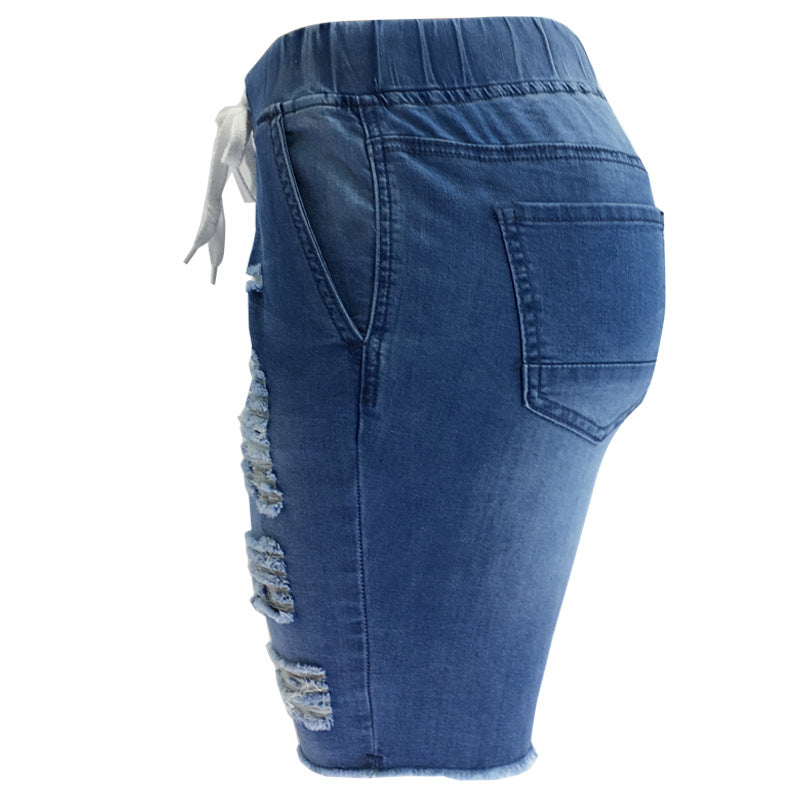 Spring Ripped Mid-waist Cowboy Elastic Blue Jeans Mid-length Pants