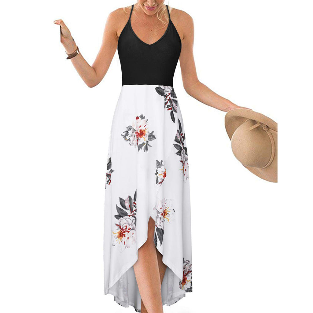 Women's Summer V-neck Long Skirt Sleeveless Strap Backless Color Printed Dress