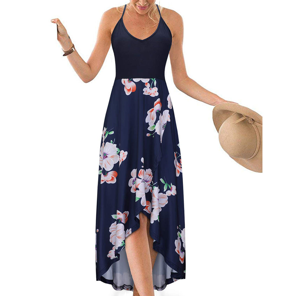 Women's Summer V-neck Long Skirt Sleeveless Strap Backless Color Printed Dress