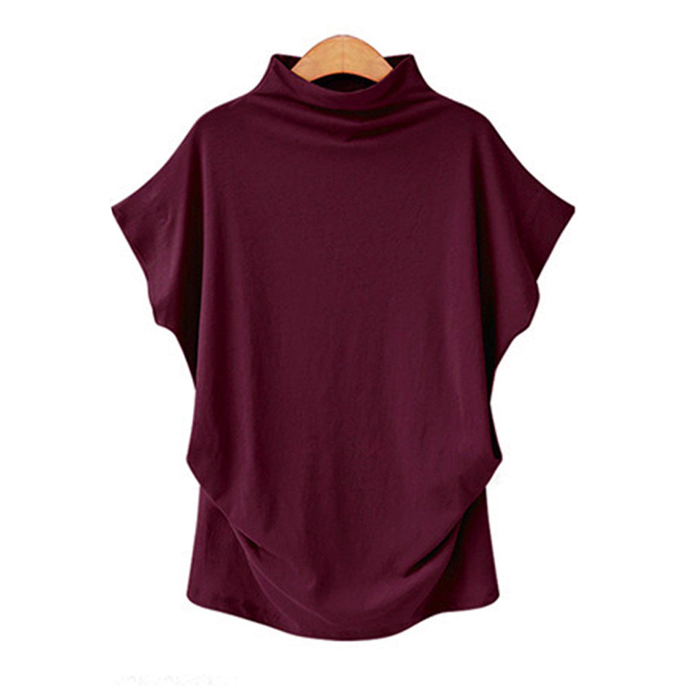 Large Size Women's Half Turtleneck Batwing Sleeve High Collar Solid Color Polyester Top