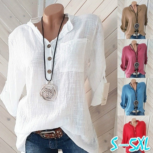 Cotton And Linen Solid Color V-neck Pocket Women's Multi-color Top