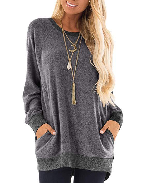 Women's Round Neck Color Pocket Long Sleeve Raglan Sleeves Pullover Sweater Casual Sweatshirt
