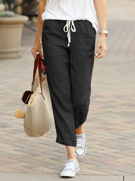 Solid Color Street Loose Casual Drawstring Elastic Waist Cotton Linen Cropped Pants