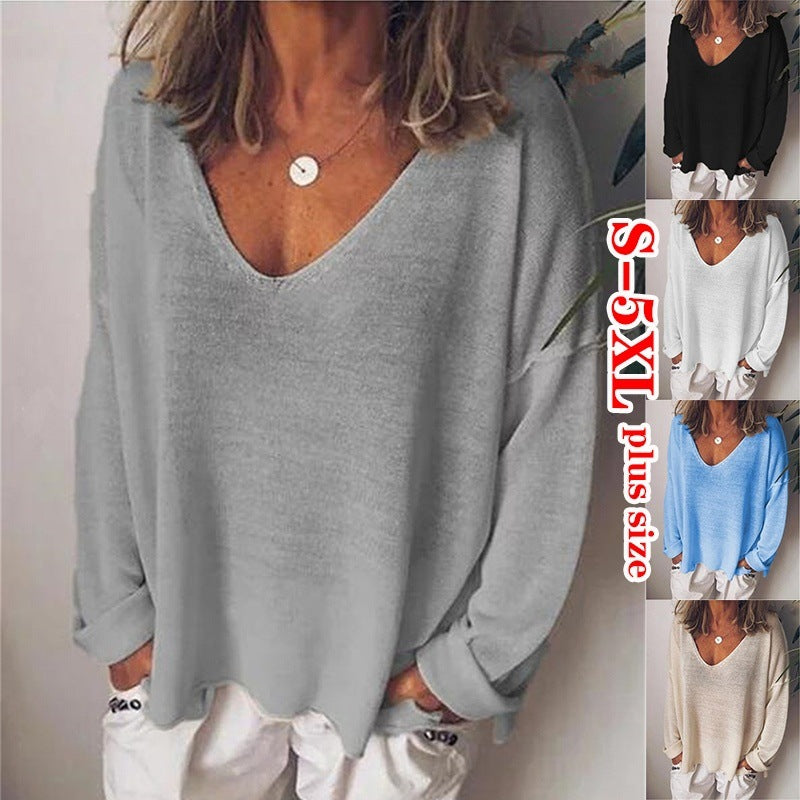Casual V-neck Cotton Pullover Solid Color Long Sleeve Women's T-shirt