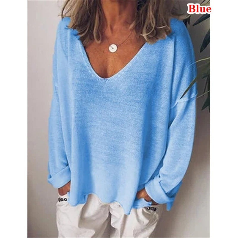 Casual V-neck Cotton Pullover Solid Color Long Sleeve Women's T-shirt