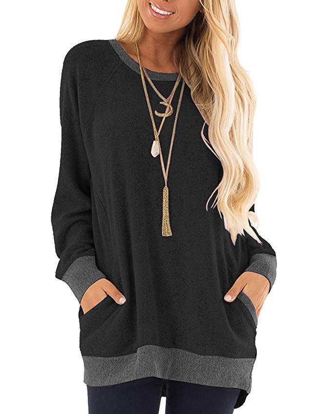 Women's Round Neck Color Pocket Long Sleeve Raglan Sleeves Pullover Sweater Casual Sweatshirt