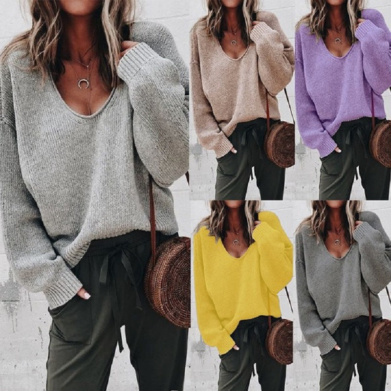 Damen-Pullover mit V-Ausschnitt, Langarm, Urban, Freizeit, einfarbig, lockeres Hemd