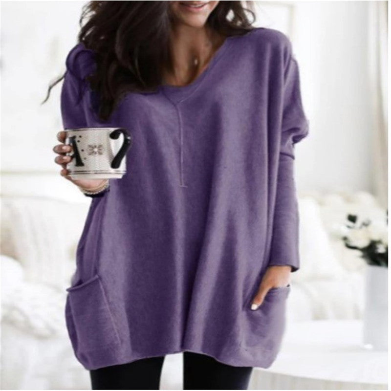 Pullover Women's Autumn Casual Round Neck Long Sleeve Pocket T-shirt Top