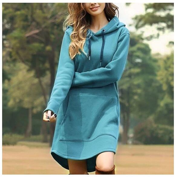 Plus Size Knitting Women's Loose Solid Color Pocket Long Sleeve Hoodie Dress