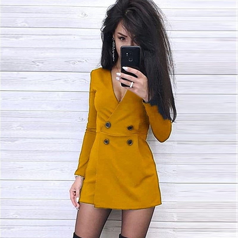 Autumn Solid Color Buttons Slim Polyester Fit Two-piece Suit V-neck One-piece Shorts