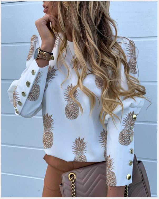Women's Long-sleeved Pullover Button Pineapple Printed Shirt