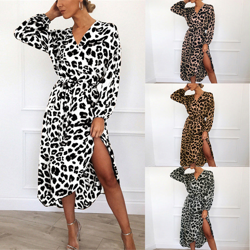 Women's Leopard Chiffon Print V-neck High Waist Lace-up Irregular Ladies Dress