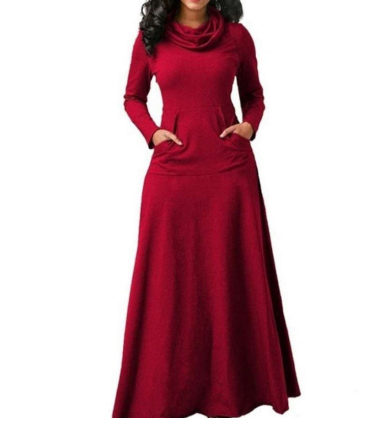 Model podstawowy stały kolor patchwork kieszonkowy długa sukienka
