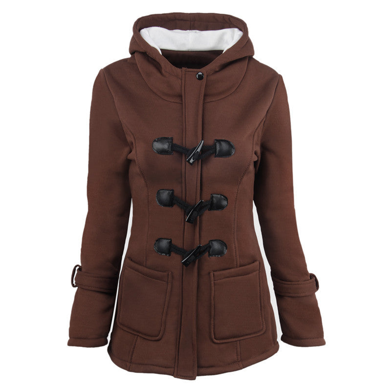 Botón de bocina de abrigo británica Overbrea Femenina gruesa con capucha de longitud media