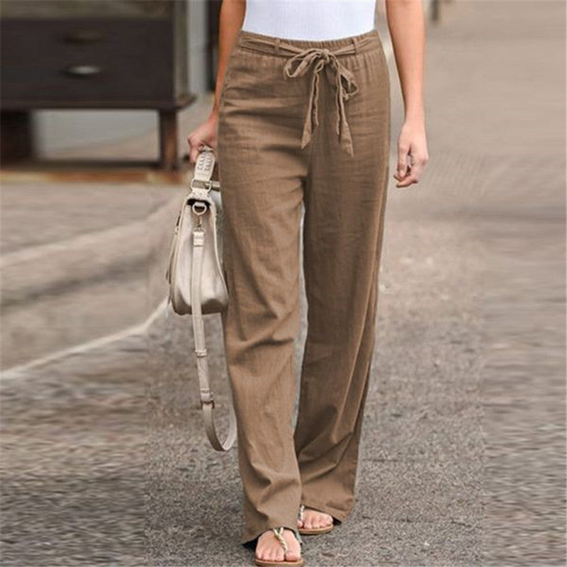 Pantalon large en lin de loisirs en coton de couleur unie à taille élastique pour femmes
