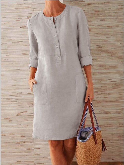 Modelo básico de primavera plus size size linho de algodão feminino vestido de manga longa redonda