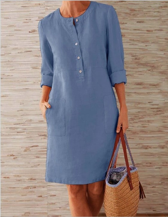Basic Model Spring Plus Size Women's Cotton Linen Round-neck Long-sleeved Dress