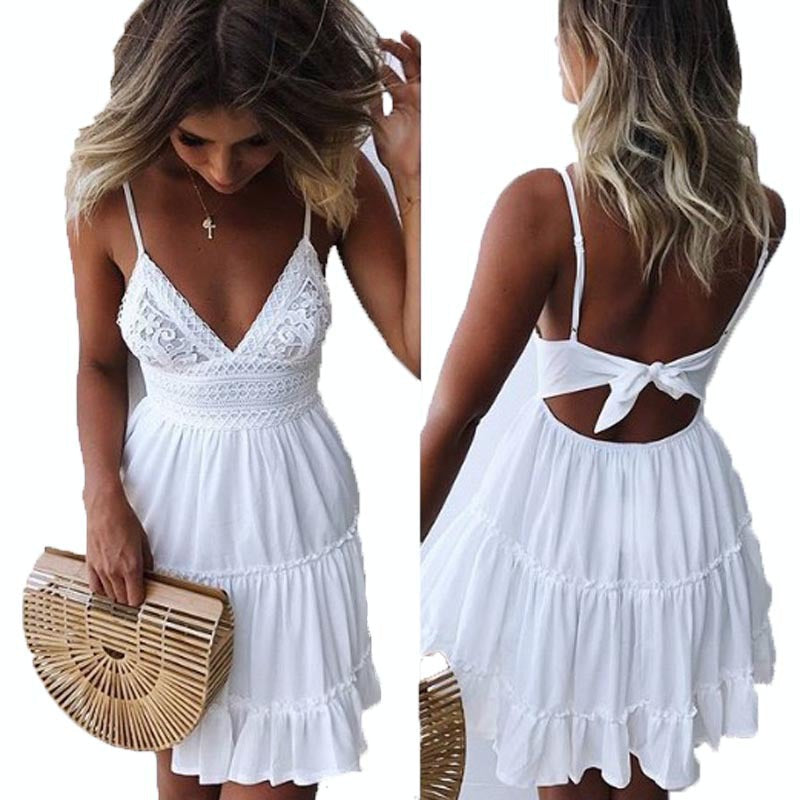 Sexy Lace V-neck Strap Stitching Women's Temperament Commute Dress Backless Bow Flounced Skirt