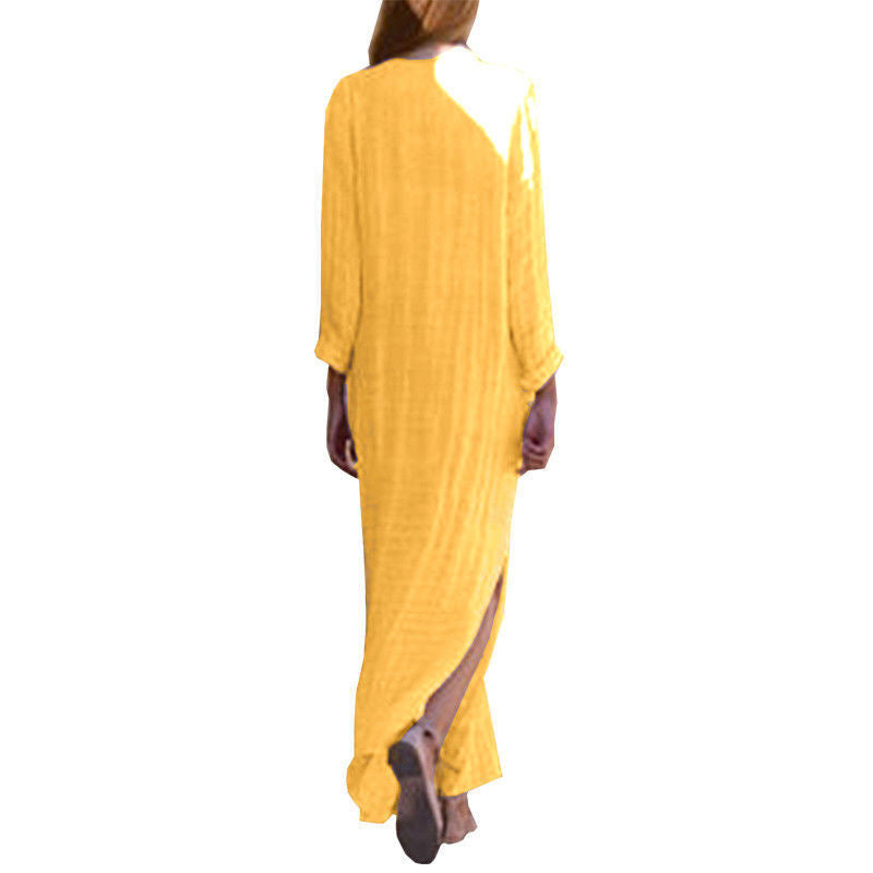 Loses, langärmliges Baumwoll-Leinen-Kleid mit V-Ausschnitt und Retro-Druck für Damen