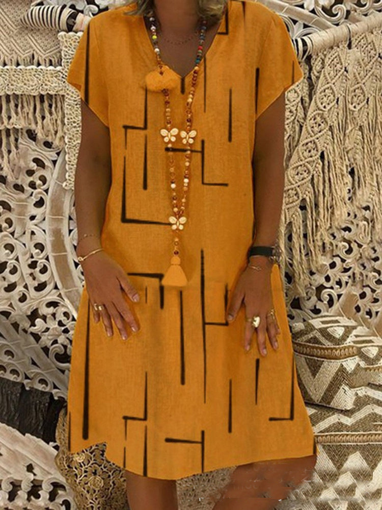 Women's Large Basic Model Spring Printed V-neck Dress