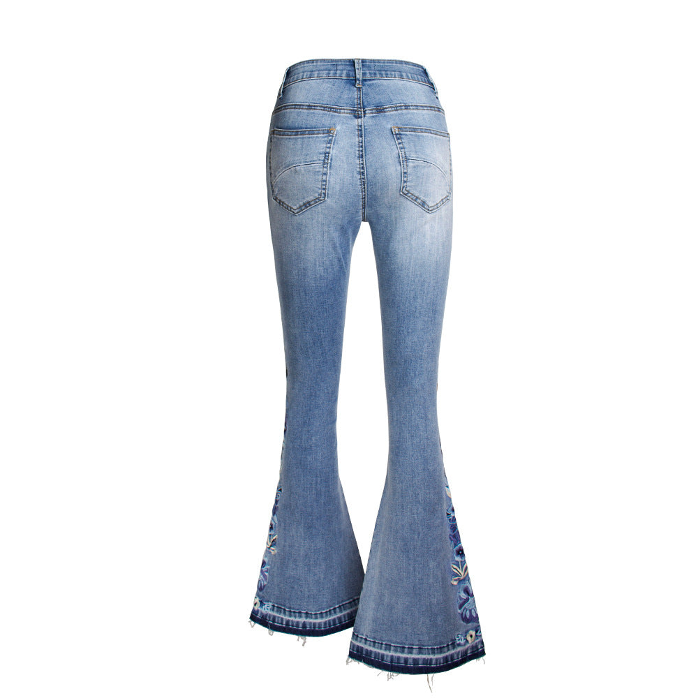 Calças de jeans de jeans médio feminino, com fundo de sino, calças de pernas largas bordadas no outono